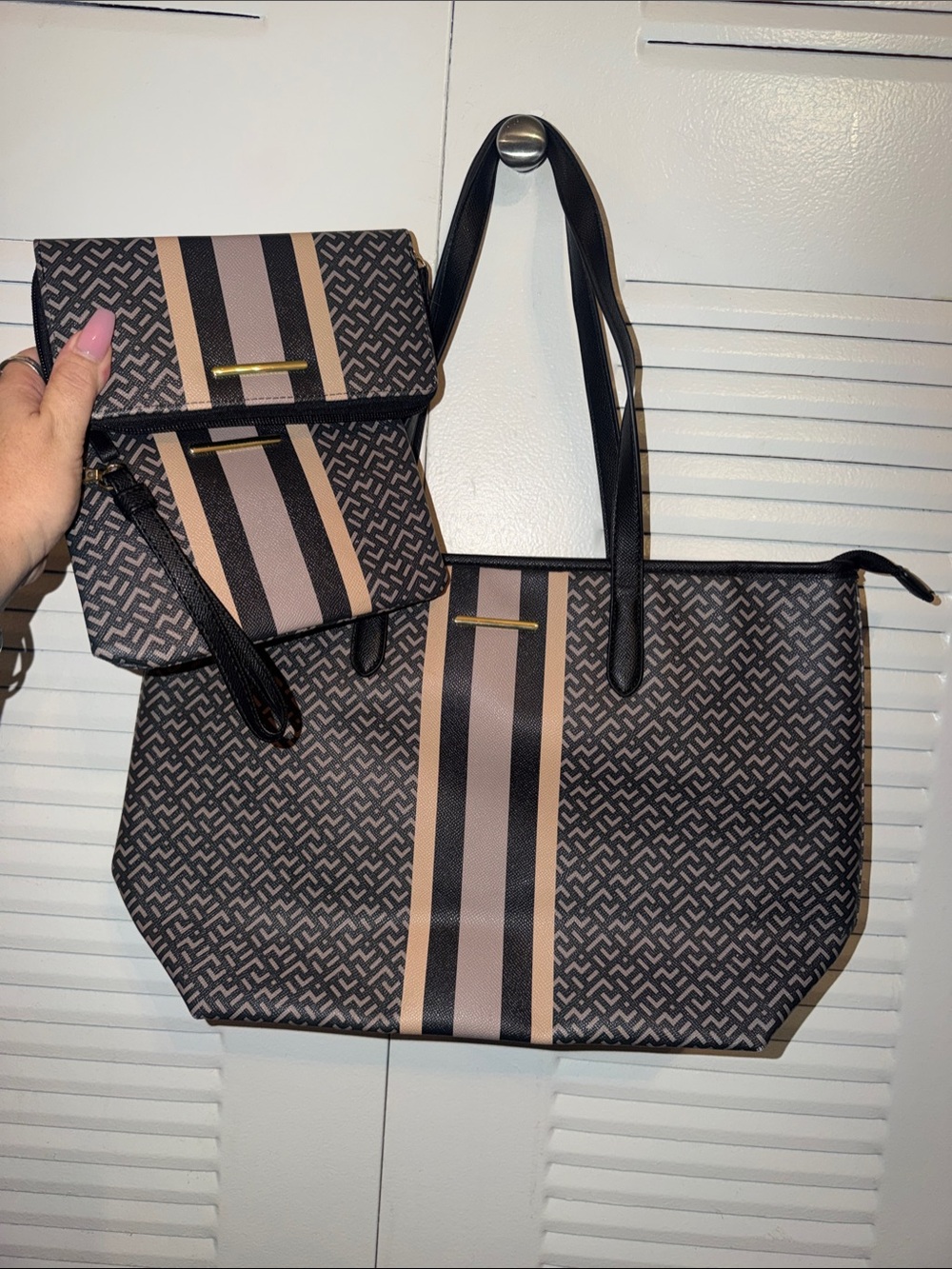 Striped Accent Tote and Wallet & Wristlet Set